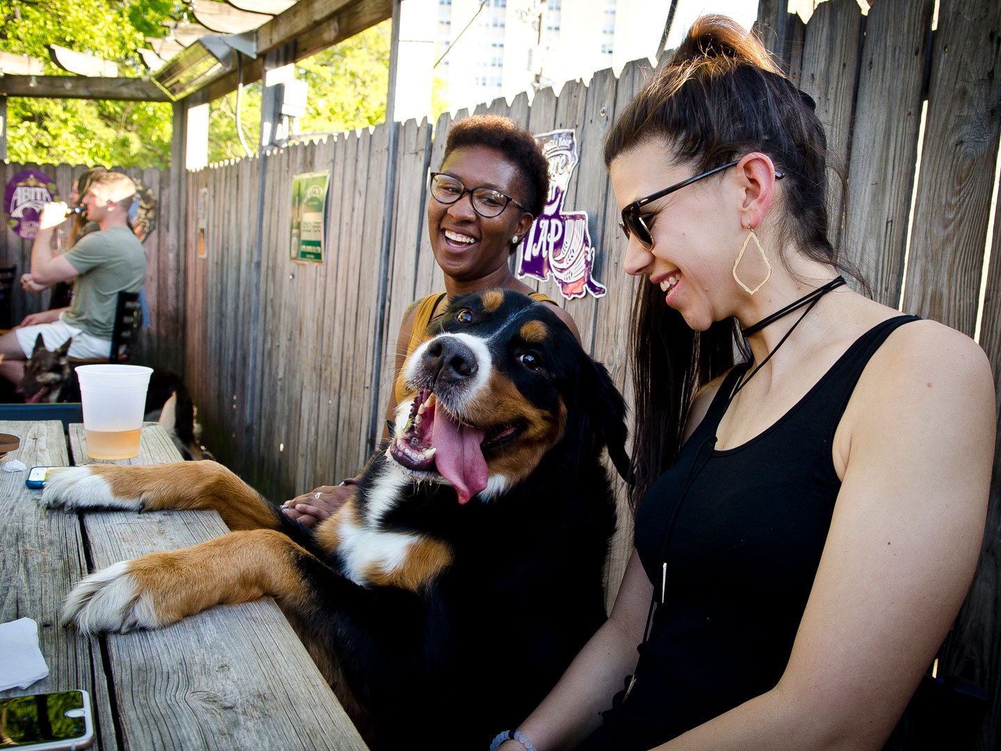 Dog sitting at a table on Jake's patio with guests in Five Points Columbia South Carolina