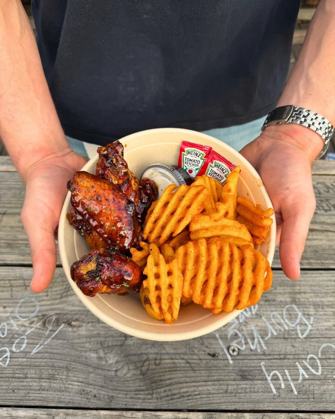 Chicken wing combo with waffle fries and dipping sauce at Jake's in Columbia South Carolina